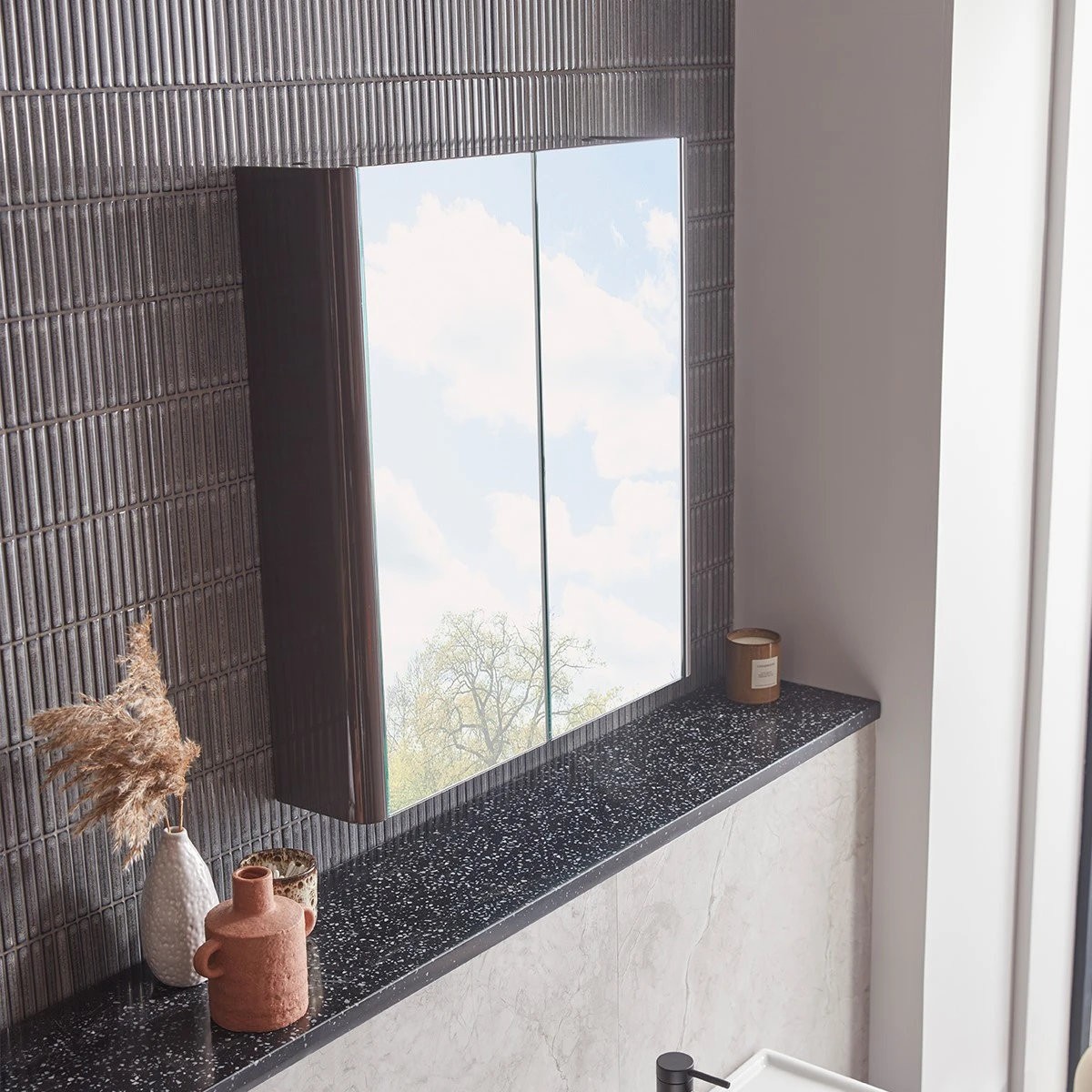 Compass Gloss Clay Double Door Mirrored Bathroom Cabinet 600mm