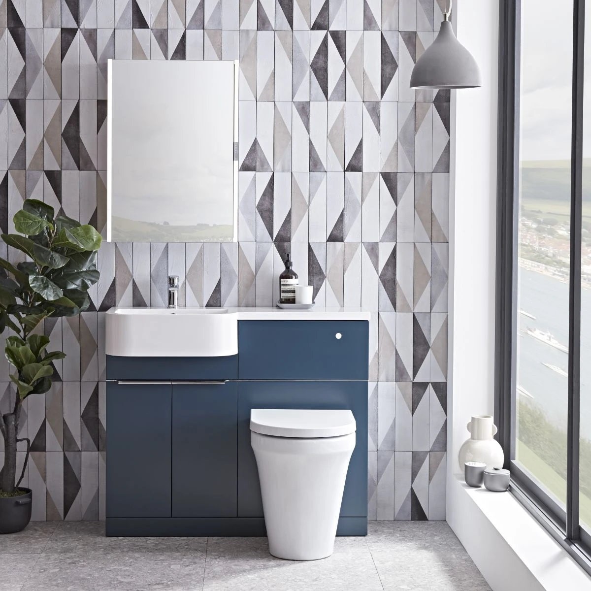 Tavistock Match Matt Oxford Blue Combination Unit & Basin with Chrome Handles 1000mm Left Hand