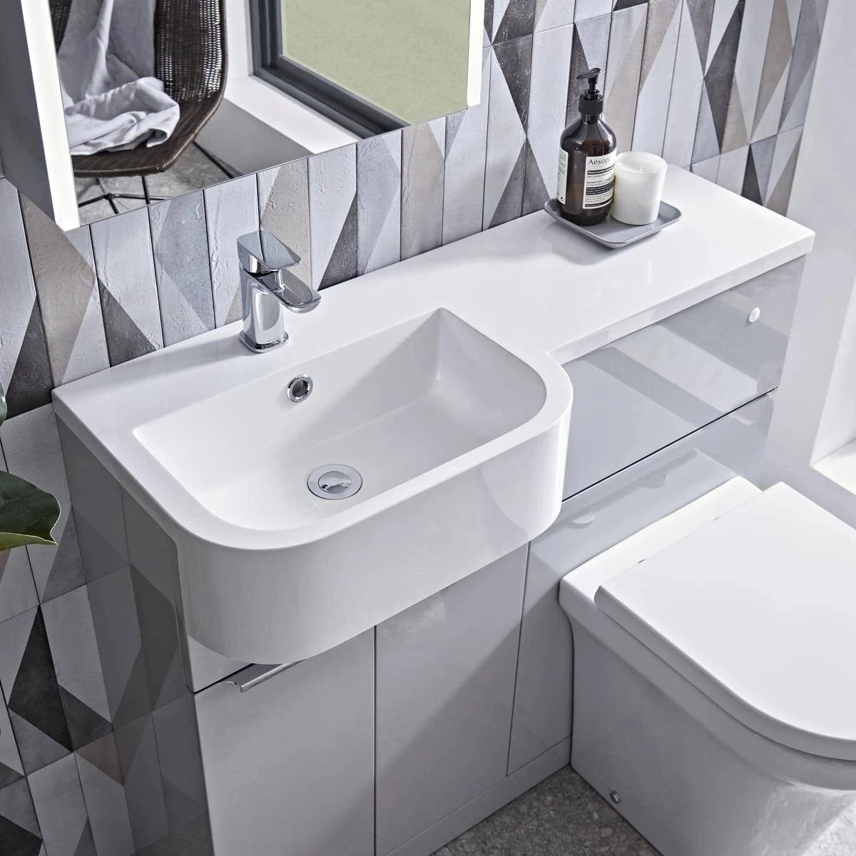 Tavistock Match Gloss Light Grey Combination Unit & Basin with Chrome Handles 1200mm Left Hand
