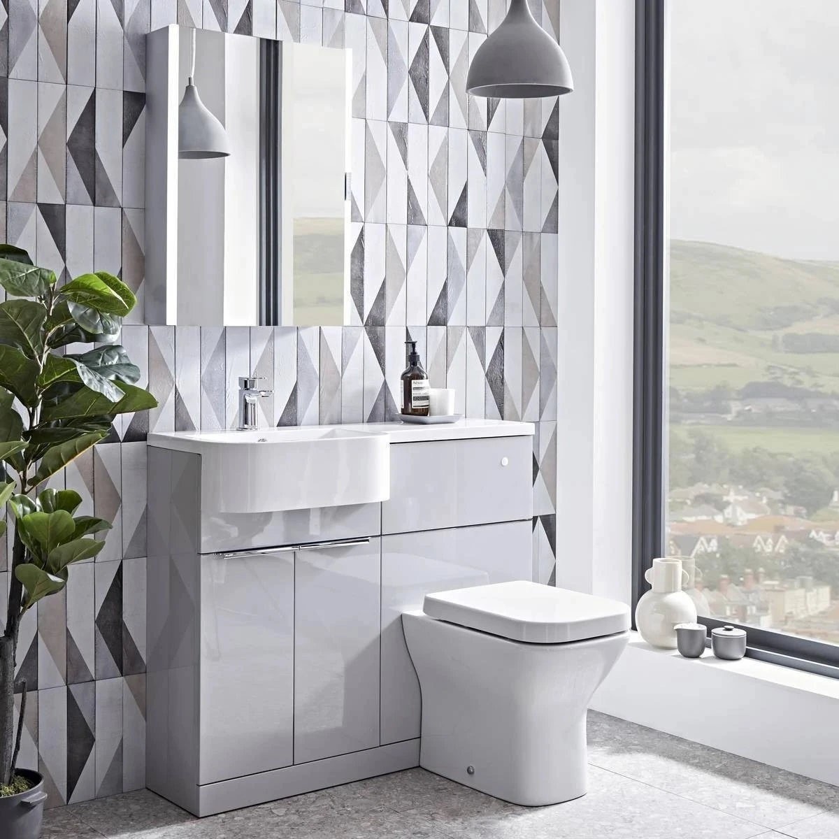 Tavistock Match Gloss Light Grey Combination Unit & Basin with Chrome Handles 1200mm Left Hand