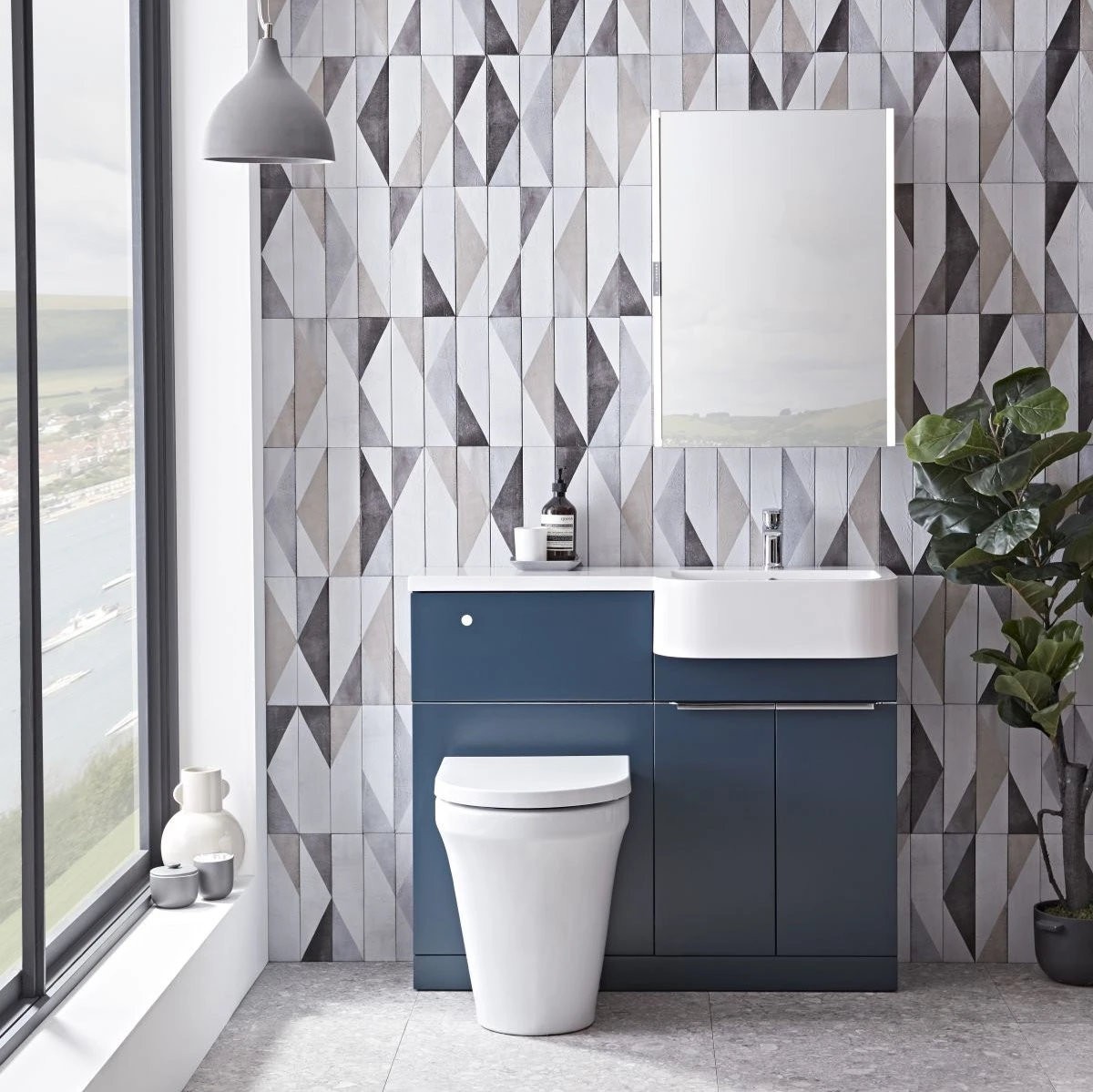 Match Matt Oxford Blue Combination Unit & Basin with Chrome Handles 1200mm Right Hand