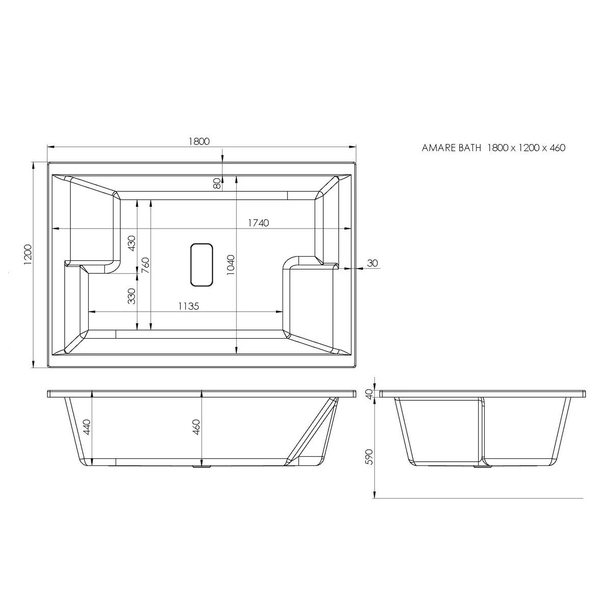 Trojan Amare Twin Soak Double Ended Bath with 14 Jet Whirlpool System & Light 1800x1200mm
