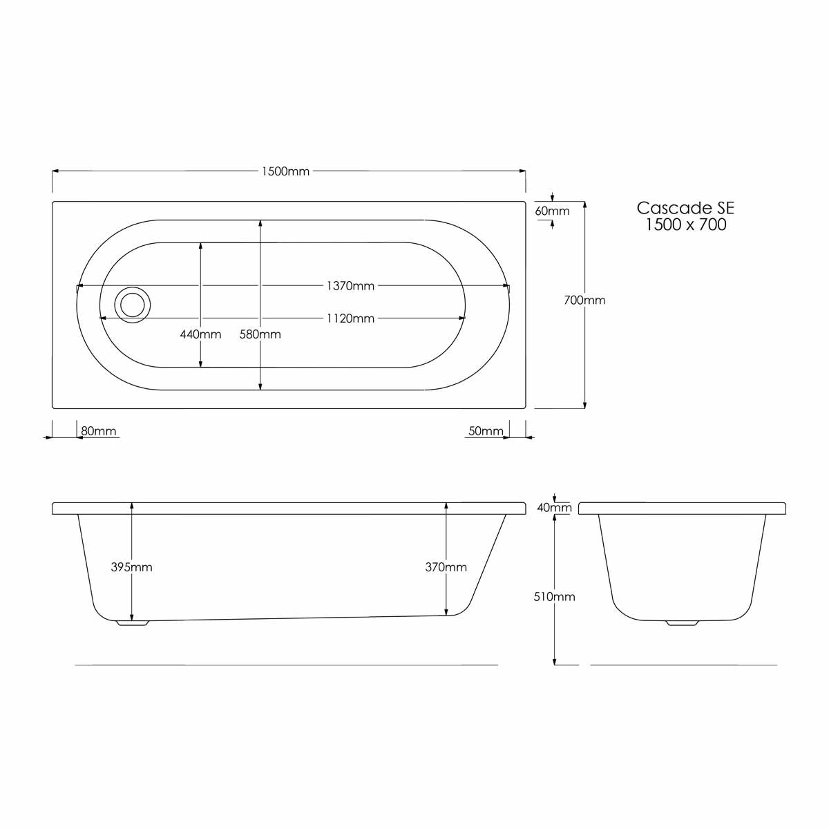 Trojan Cascade Single Ended Bath 1500x700mm