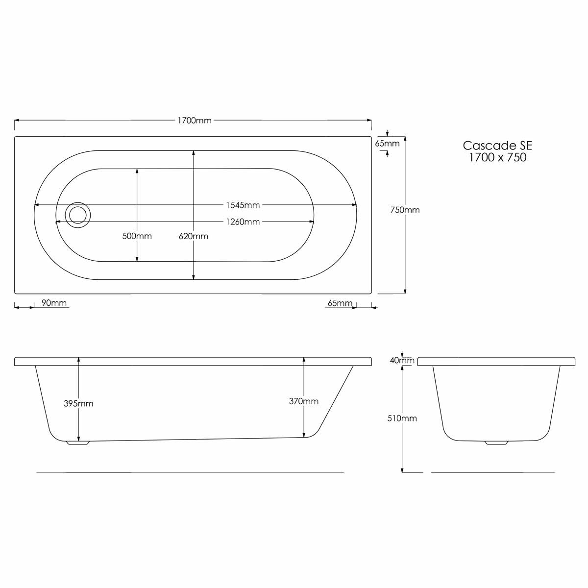 Trojan Cascade Single Ended Bath 1700x750mm