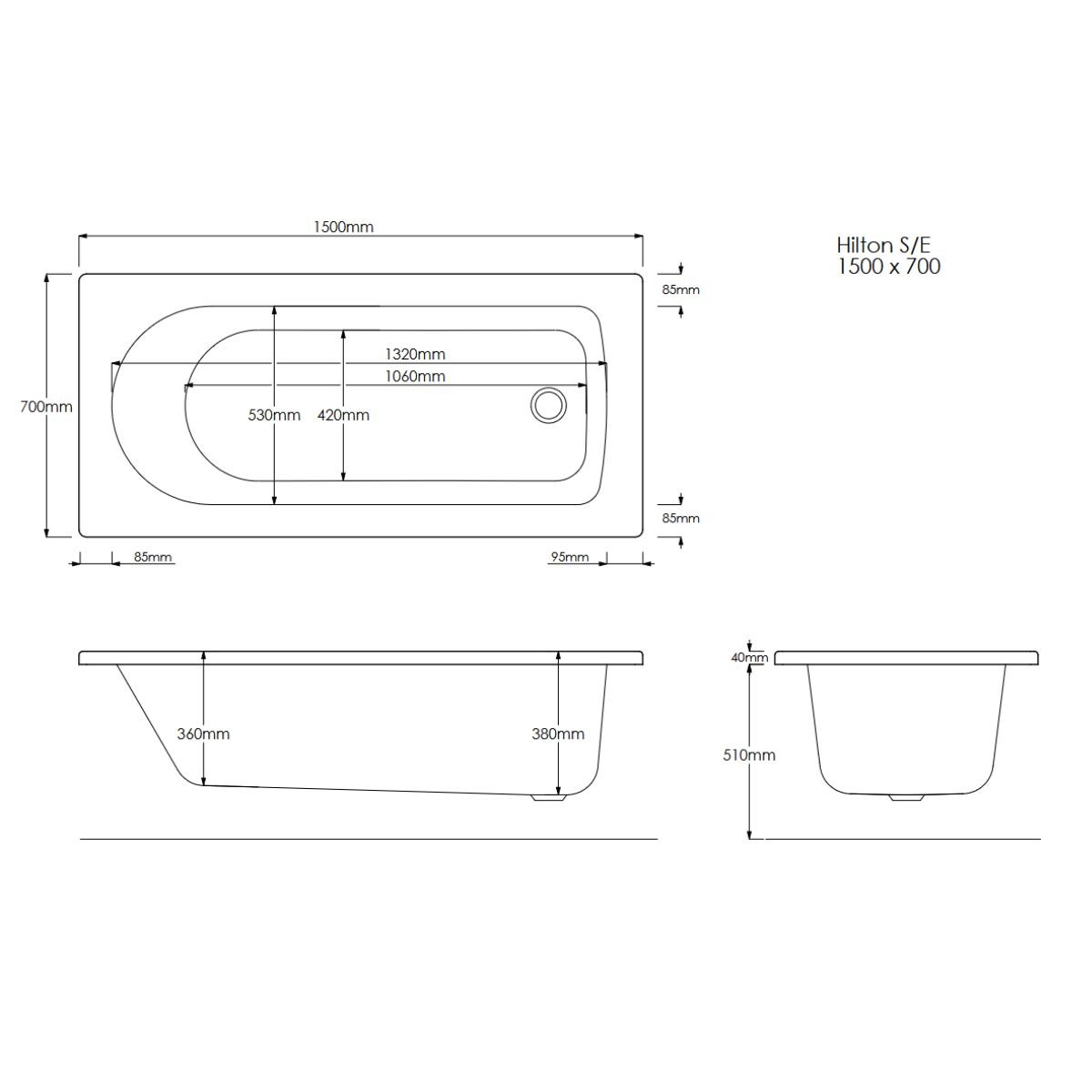 Trojan Hilton Single Ended Bath 1500x700mm