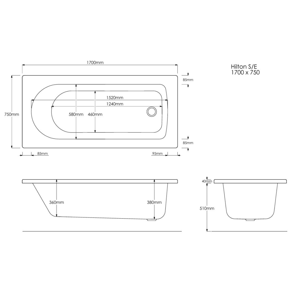 Trojan Hilton Single Ended Bath 1700x750mm