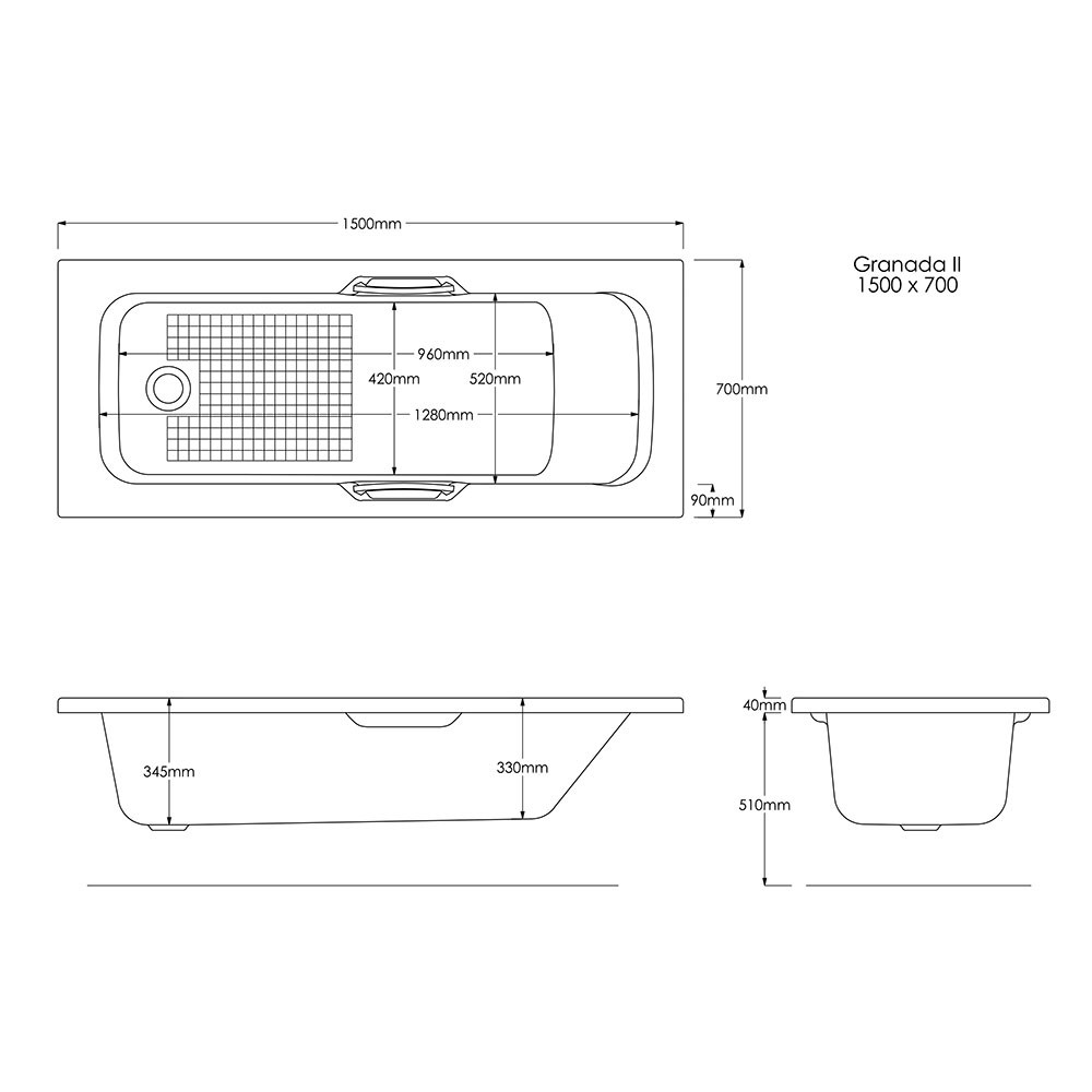 Trojan Granada II Single Ended Twingrip Bath 1500x700mm