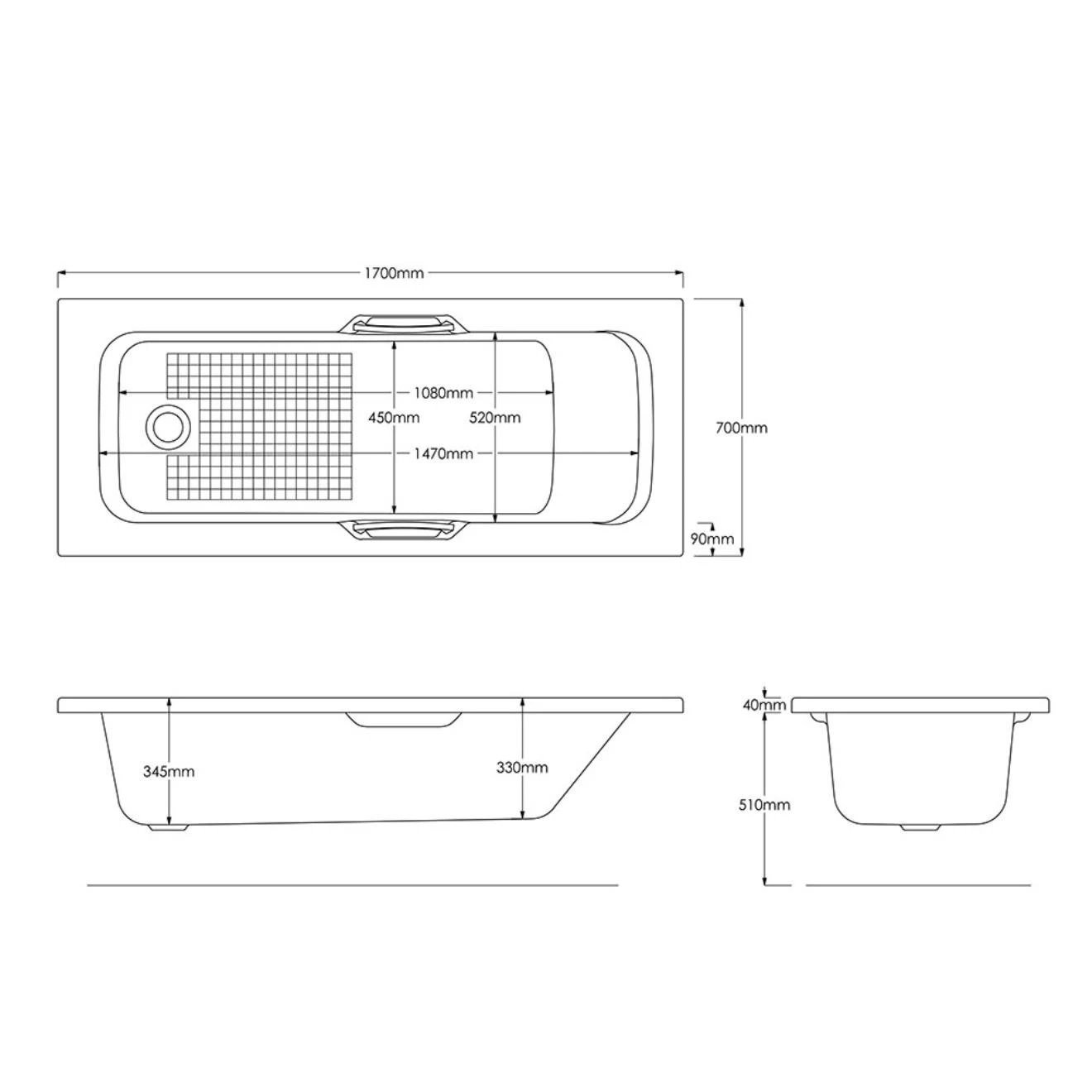 Trojan Granada II Single Ended Twingrip Bath 1700x700mm