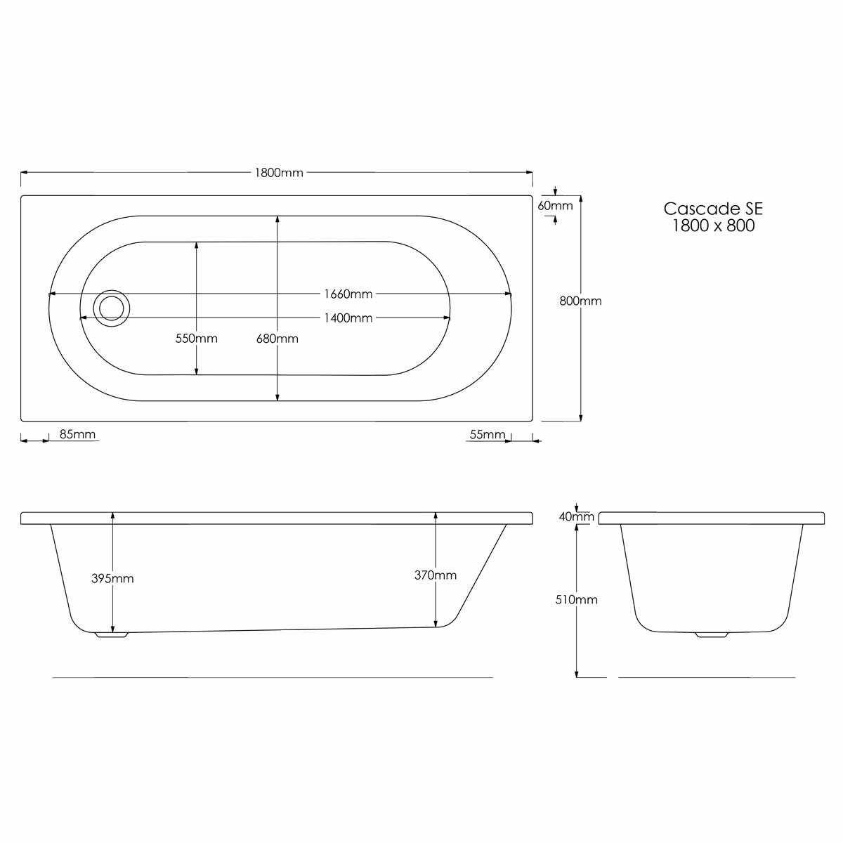 Trojan Cascade Single Ended Bath 1800x800mm