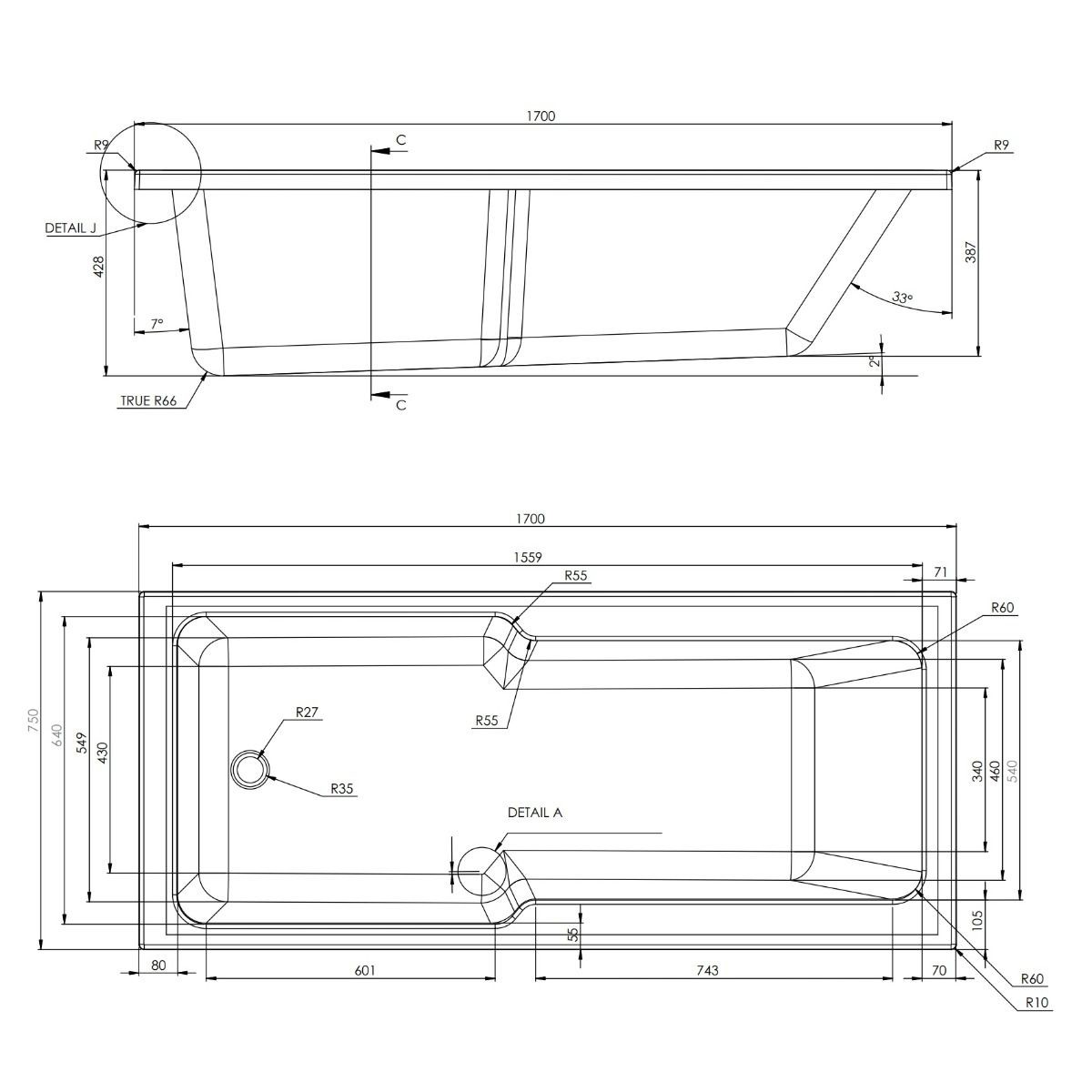 Trojan Evolve Single Ended Shower Bath 1700x750mm