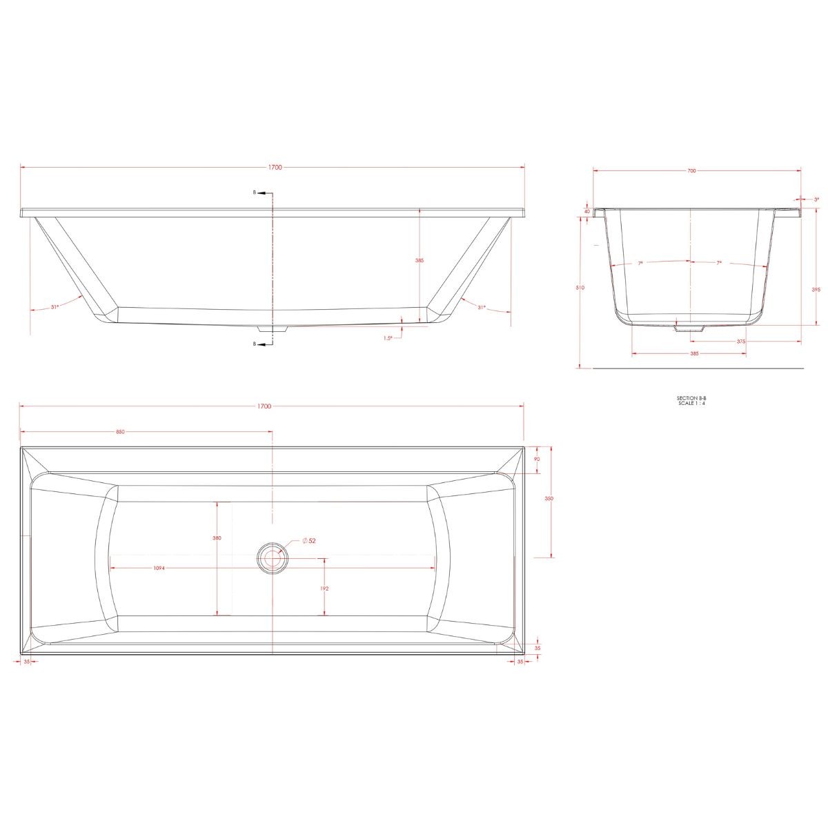 Trojan Elite Edge Double Ended Bath 1700x700mm