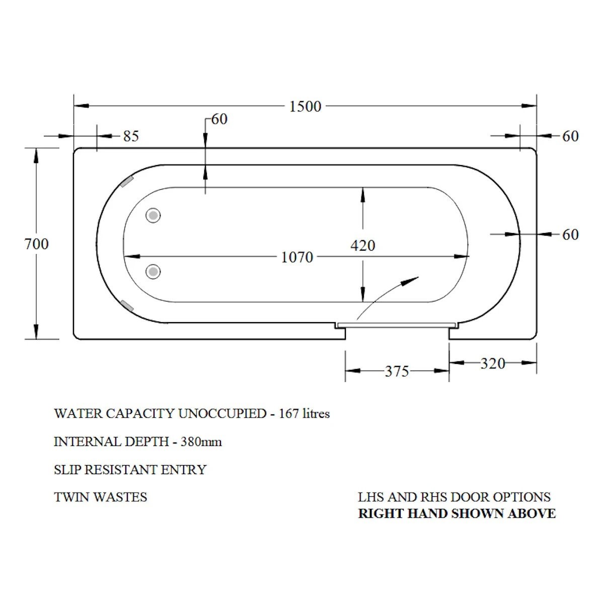 Trojan Bathe Easy Cascade Walk In Bath 1500x700mm Right Hand