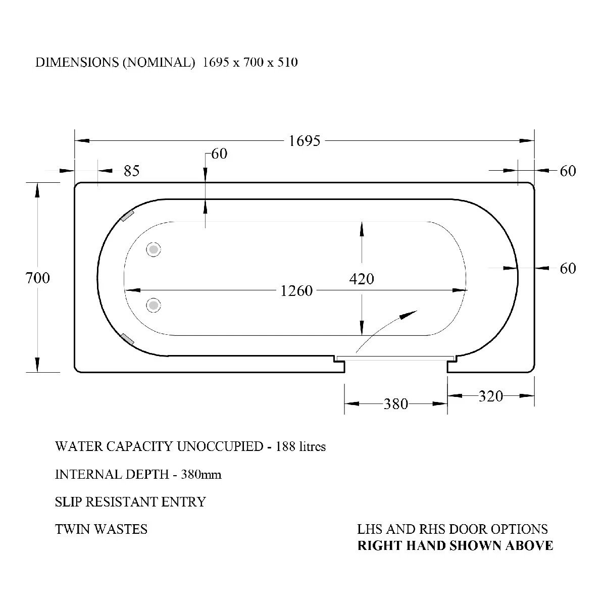 Trojan Bathe Easy Cascade Walk In Bath 1700x700mm Left Hand