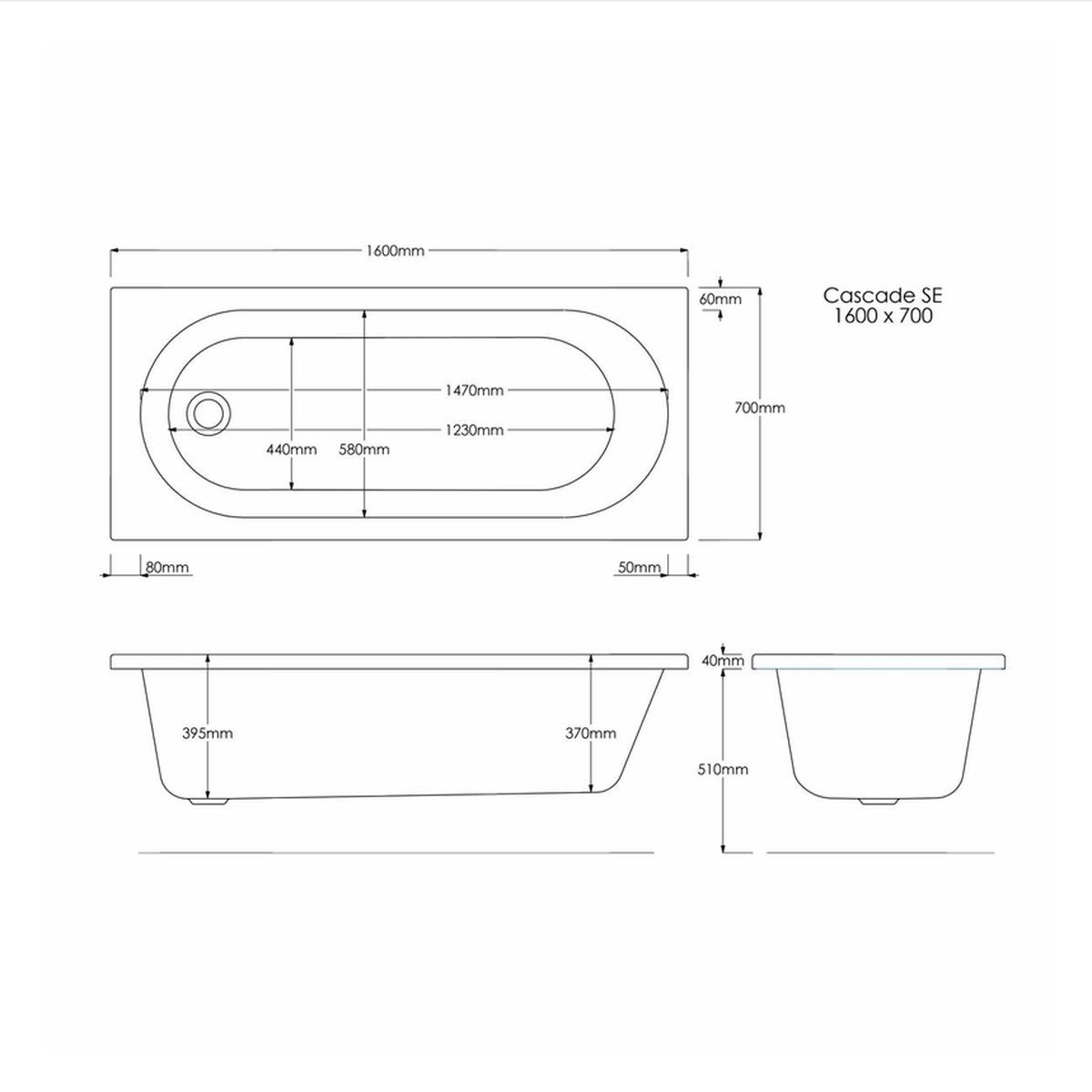 Trojan Cascade Single Ended Bath with 14 Jet Whirlpool System 1600x700mm