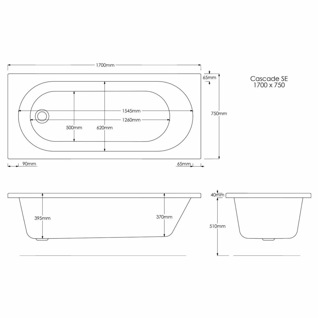 Trojan Cascade Single Ended Bath with 12 Jet Airspa System 1700x750mm