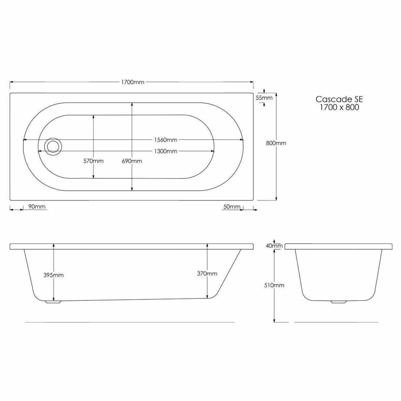 Trojan Cascade Single Ended Bath with 14 Jet Whirlpool System 1700x800mm