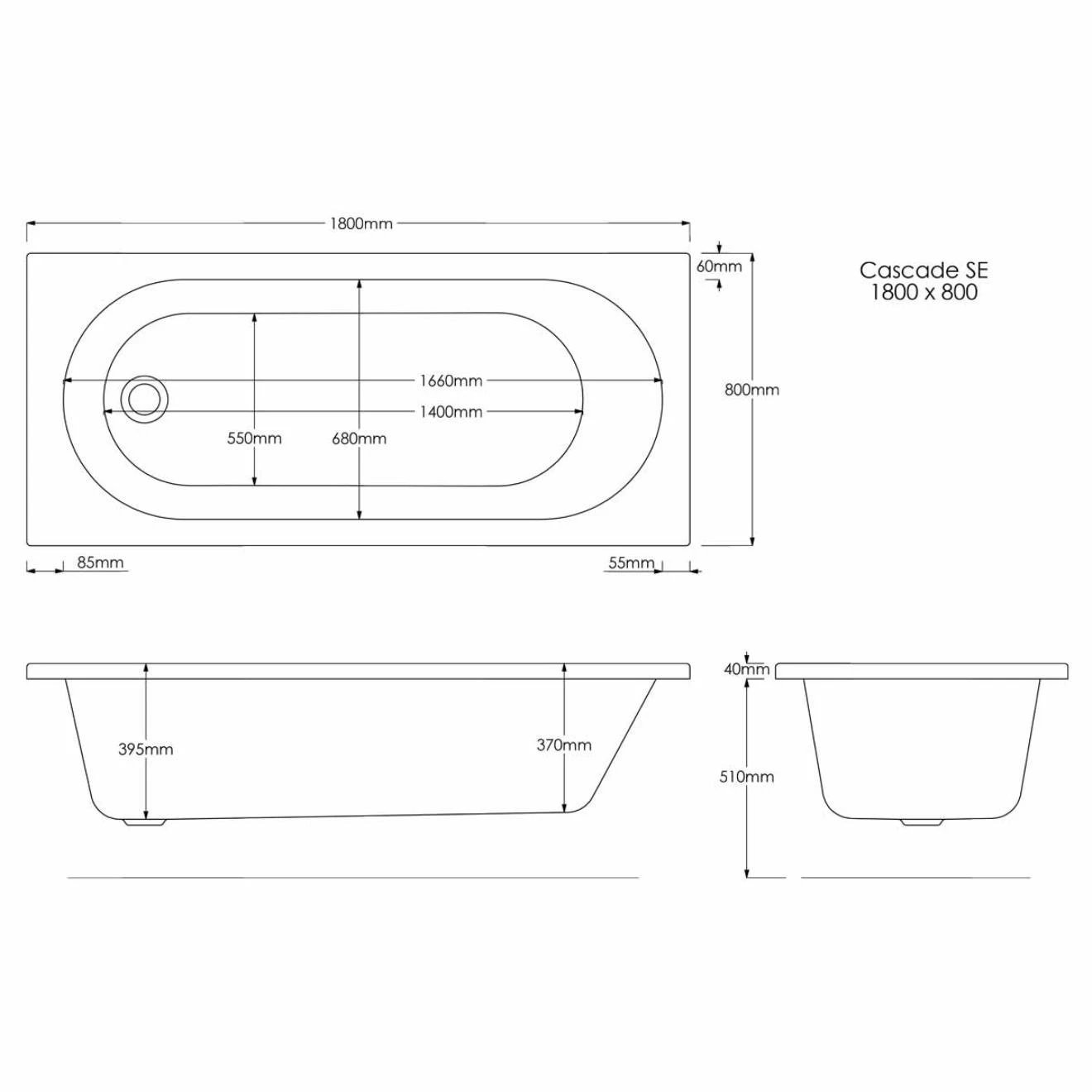 Trojan Cascade Single Ended Bath with 14 Jet Whirlpool System 1800x800mm