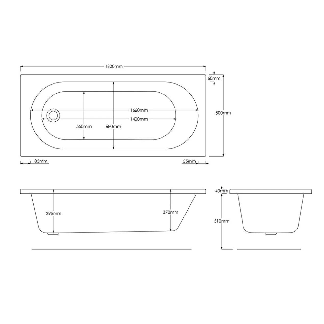 Trojan Cascade Single Ended Bath with 14 Jet Whirpool & 12 Jet Airspa System 1800x800mm