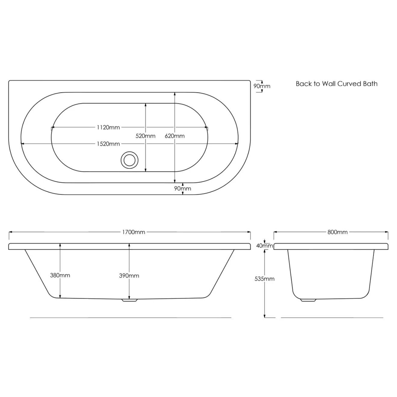 Trojan Curved D Shaped Bath with 8 Jet Whirlpool System 1700x800mm