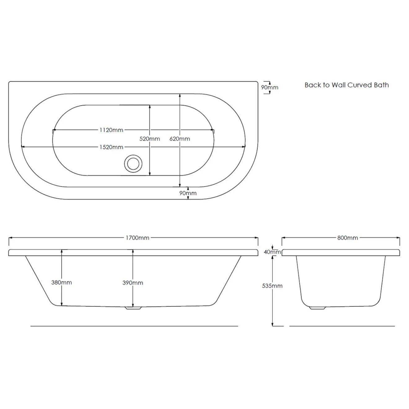 Trojancast Curved D Shaped Bath with 14 Jet Whirlpool & 12 Jet Airspa System & Light 1700x800mm