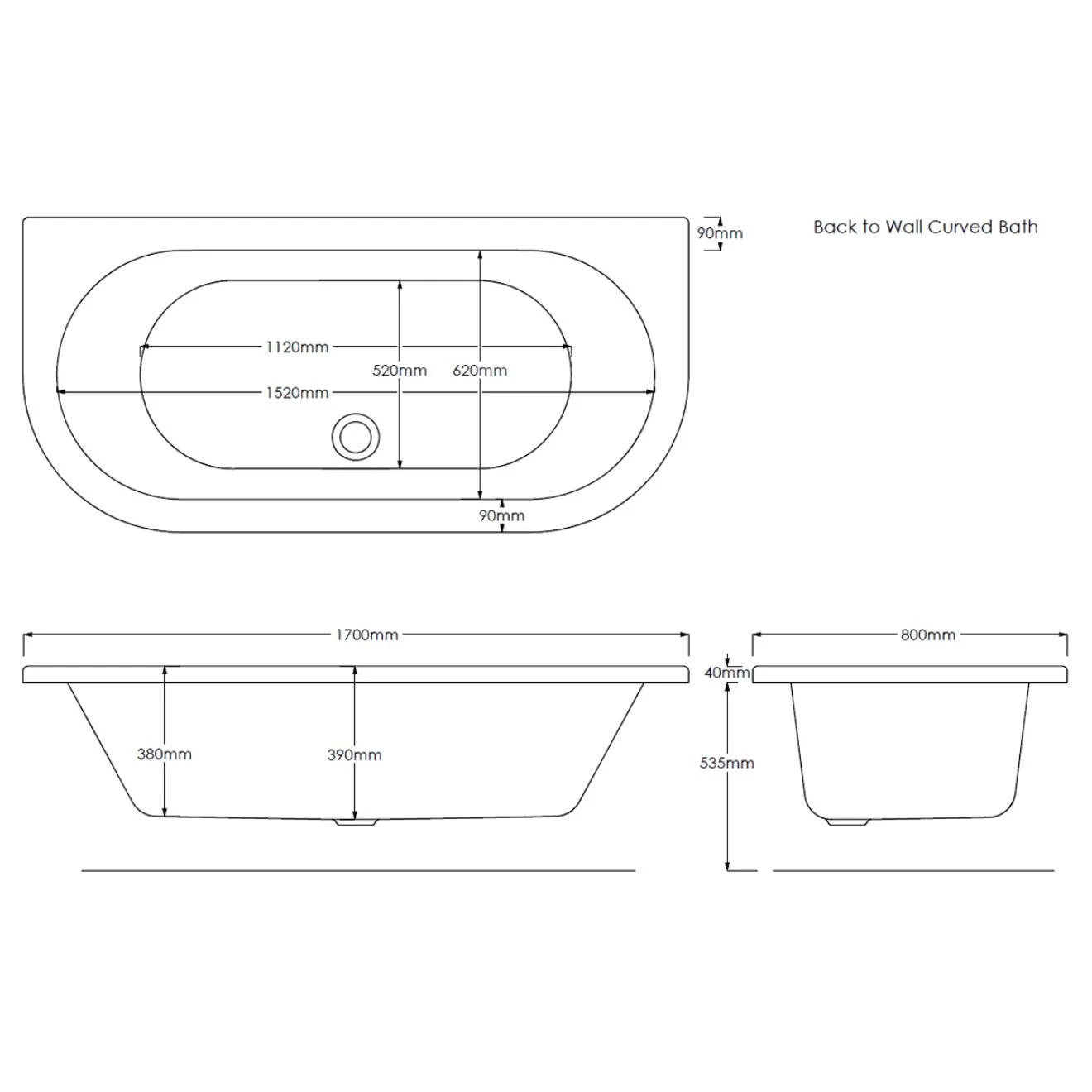 Trojancast Curved D Shaped Bath & Panel 1700x800mm