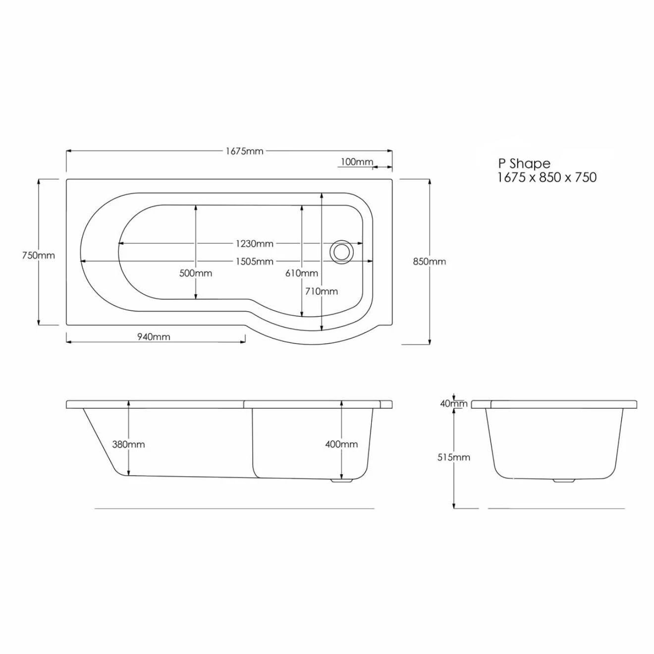 Trojan Concert P Shaped Shower Bath with 8 Jet Whirlpool System 1675x850x750mm Right Hand
