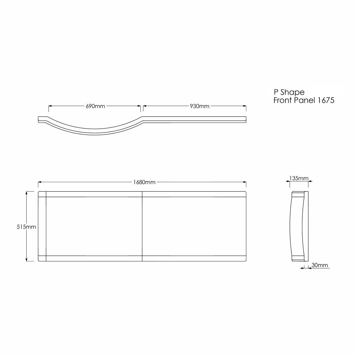 Trojan Concert P Shaped Shower Bath with Panel & Screen 1675x850x750mm Right Hand