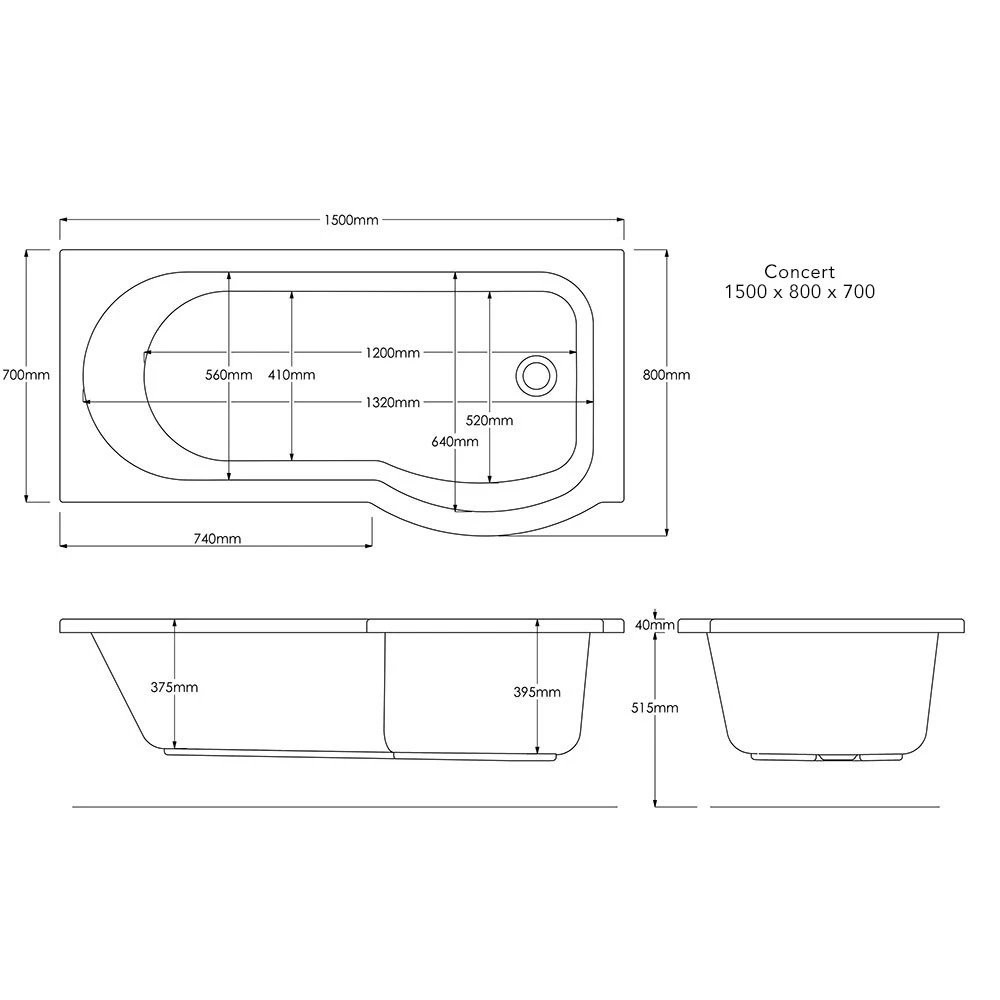 Trojancast Concert Compact P Shaped Shower Bath with Panel & Screen 1500x800x700mm Right Hand