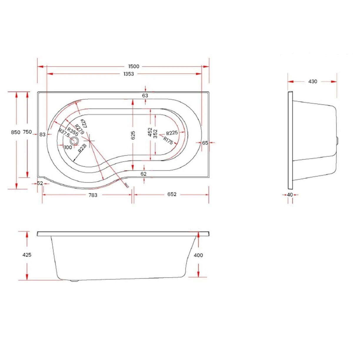 Trojan Concert P Shaped Shower Bath with Panel & Screen 1500x800x700mm Right Hand