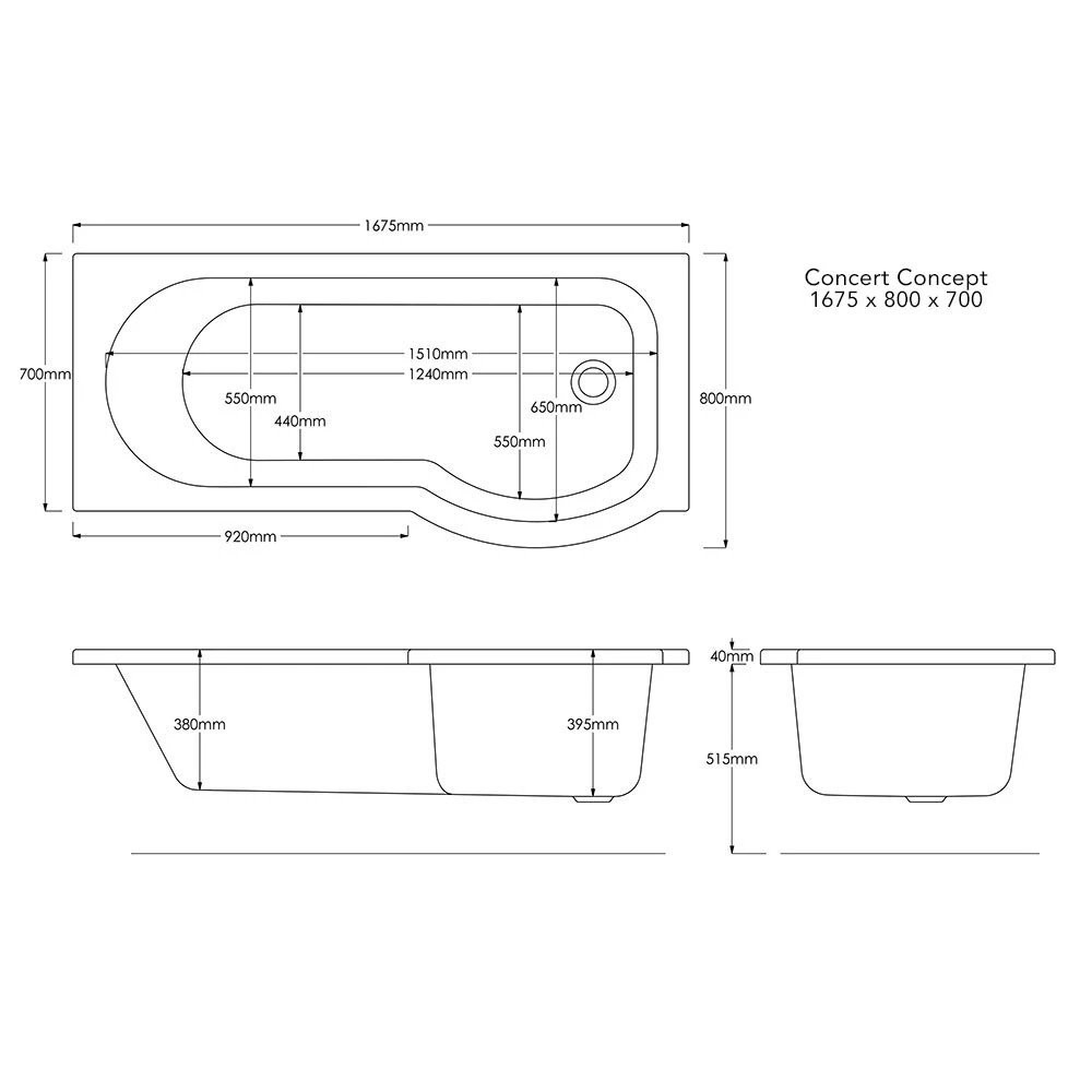 Trojan Concert Compact P Shaped Shower Bath with Panel & Screen 1675x800x700mm Right Hand