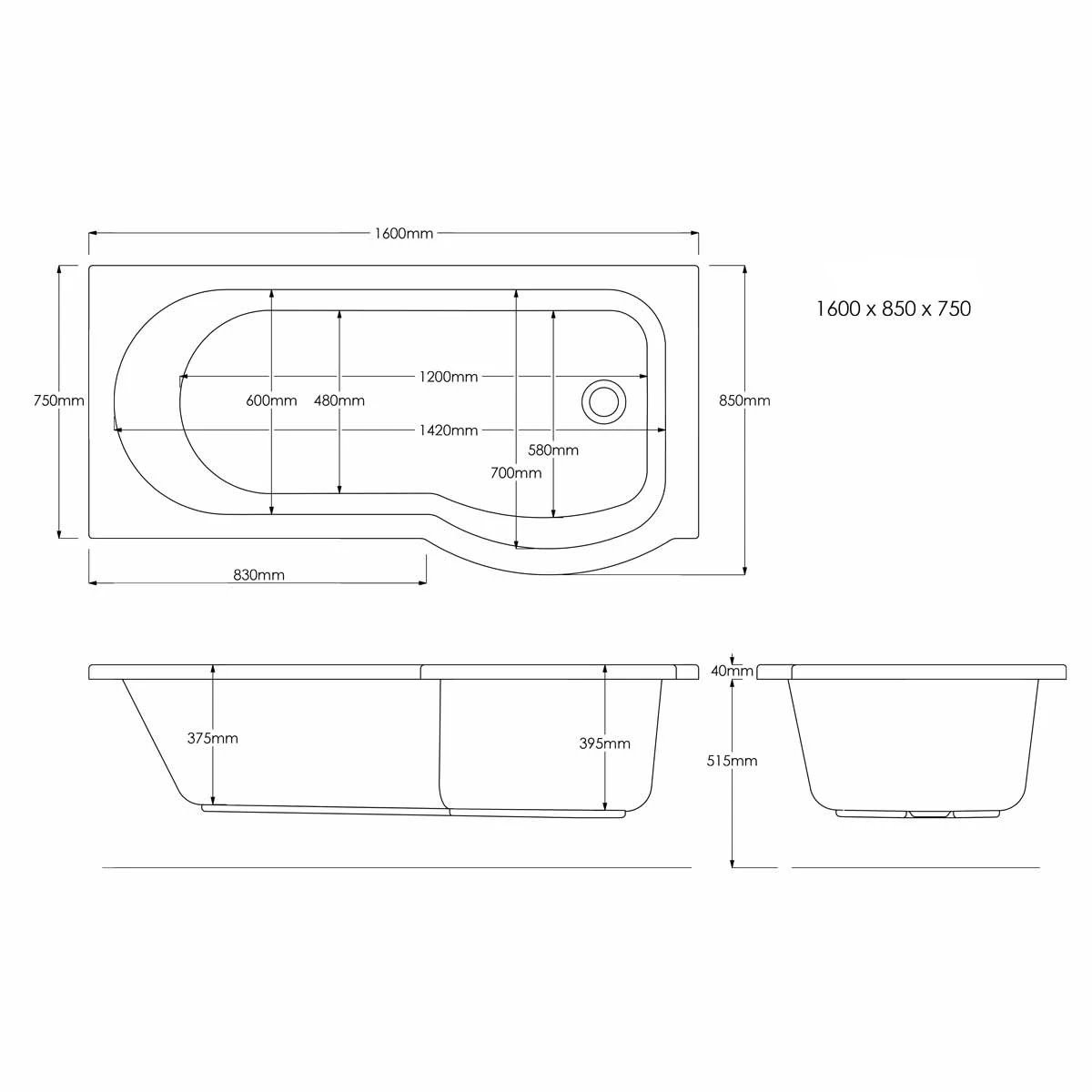 Trojan Concert P Shaped Shower Bath with Panel & Screen 1600x850x750mm Right Hand