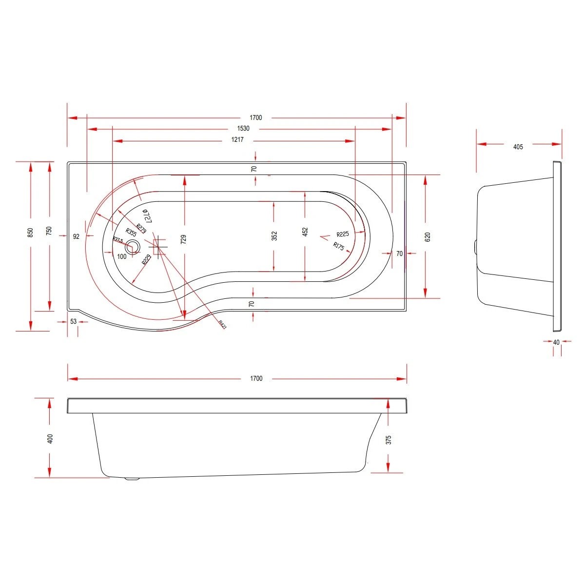 Trojan Concert P Shaped Shower Bath with Panel & Screen 1700x850x750mm Left Hand