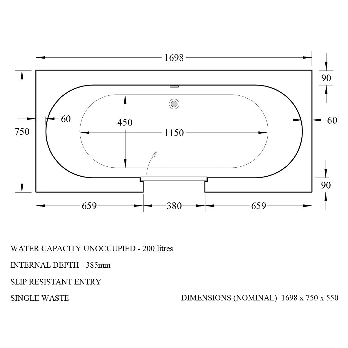 Trojan Bathe Easy Cascade Double Ended Walk in Bath 1700x750mm Right Hand