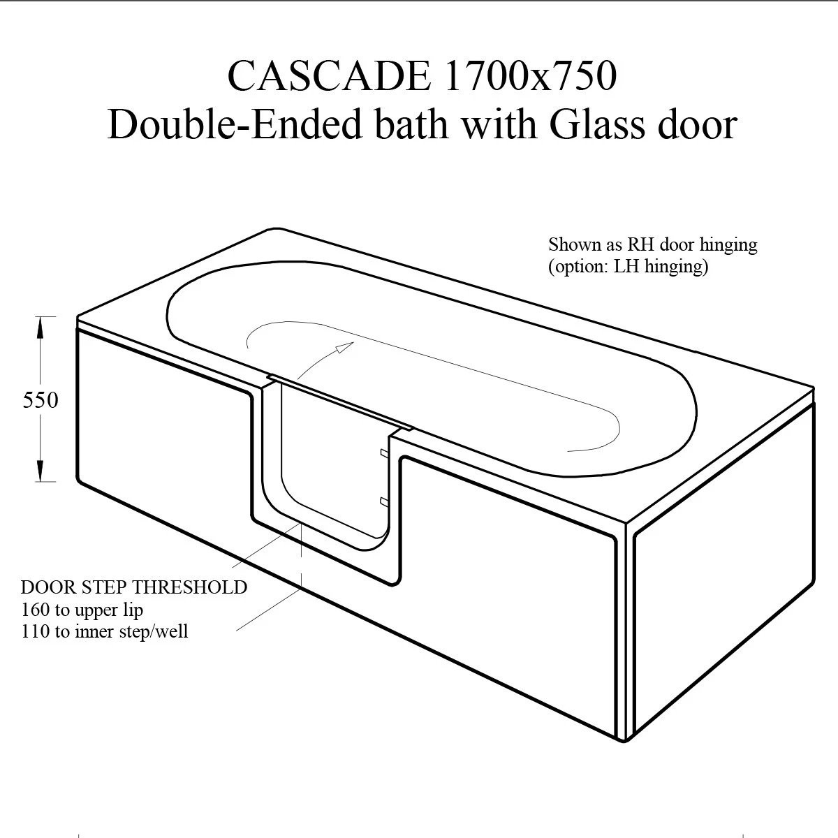 Trojan Bathe Easy Cascade Double Ended Walk in Bath 1700x750mm Right Hand