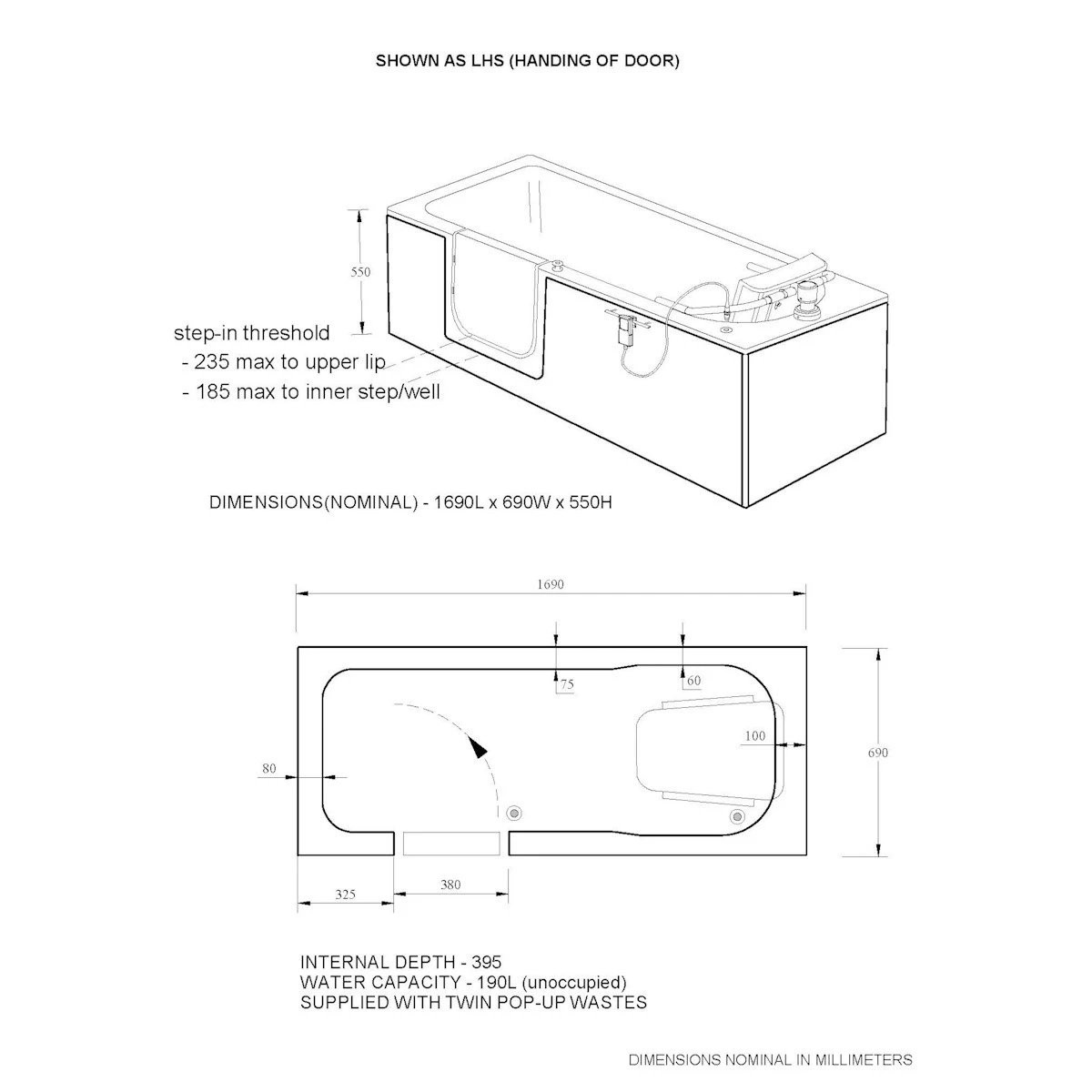 Trojan Bathe Easy Delta Walk In Bath with Powered Seat 1700x700mm Left Hand