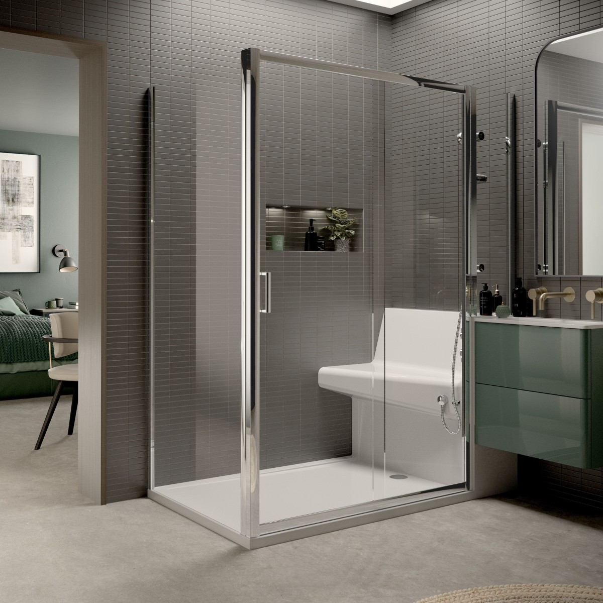 Living Shower Sliding Door & Glass Side Panel  1510x900mm RH