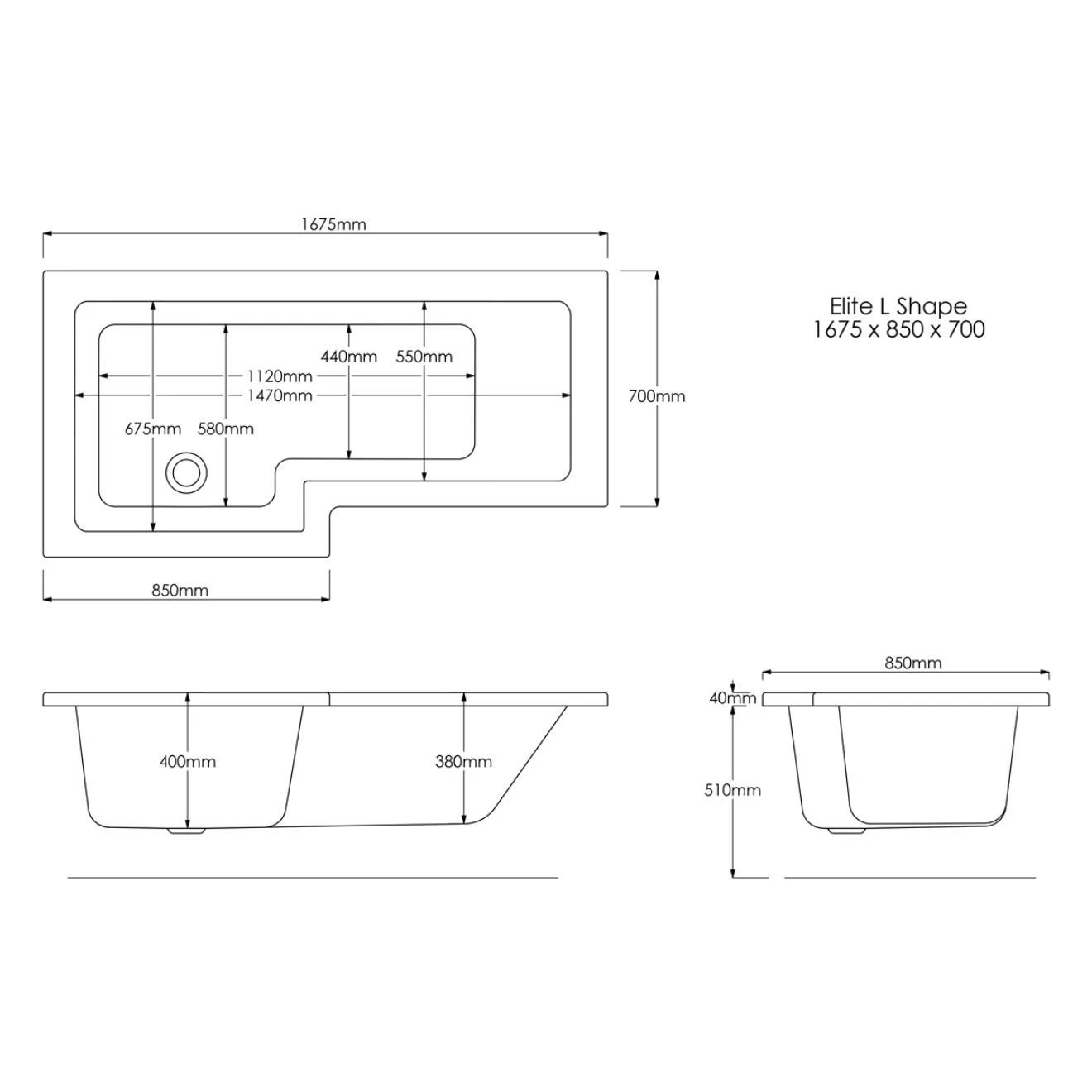 Trojan Elite L Shaped Shower Bath with Panel & Towel Rail Screen 1675x850x700mm Right Hand