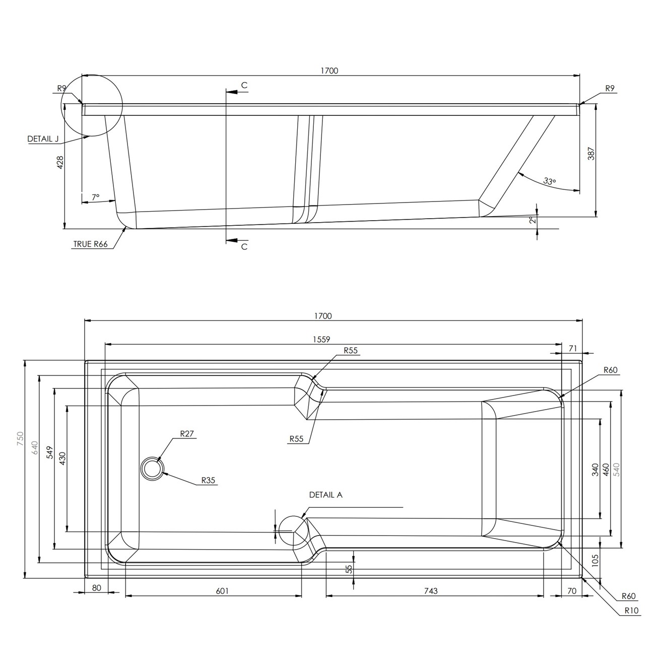 Trojan Evolve Single Ended Shower Bath with Front Panel & Radius Screen 1700x750mm