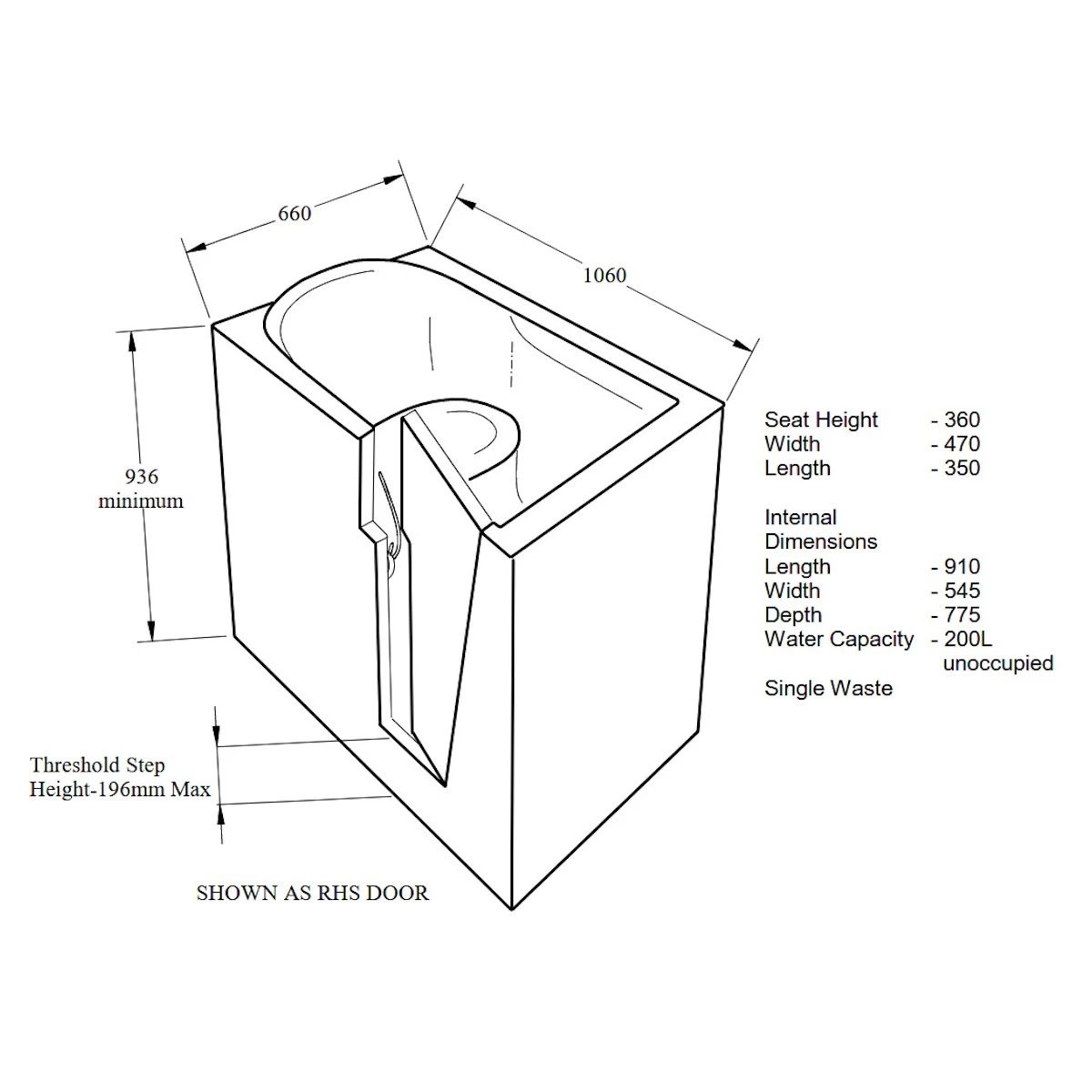 Trojan Bathe Easy Freedom Mini Walk In Bath 1060x660mm Right Hand