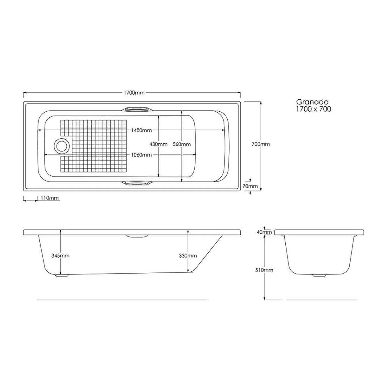 Trojan Granada II Single Ended Twingrip Bath with 8 Jet Whirlpool System 1700x700mm