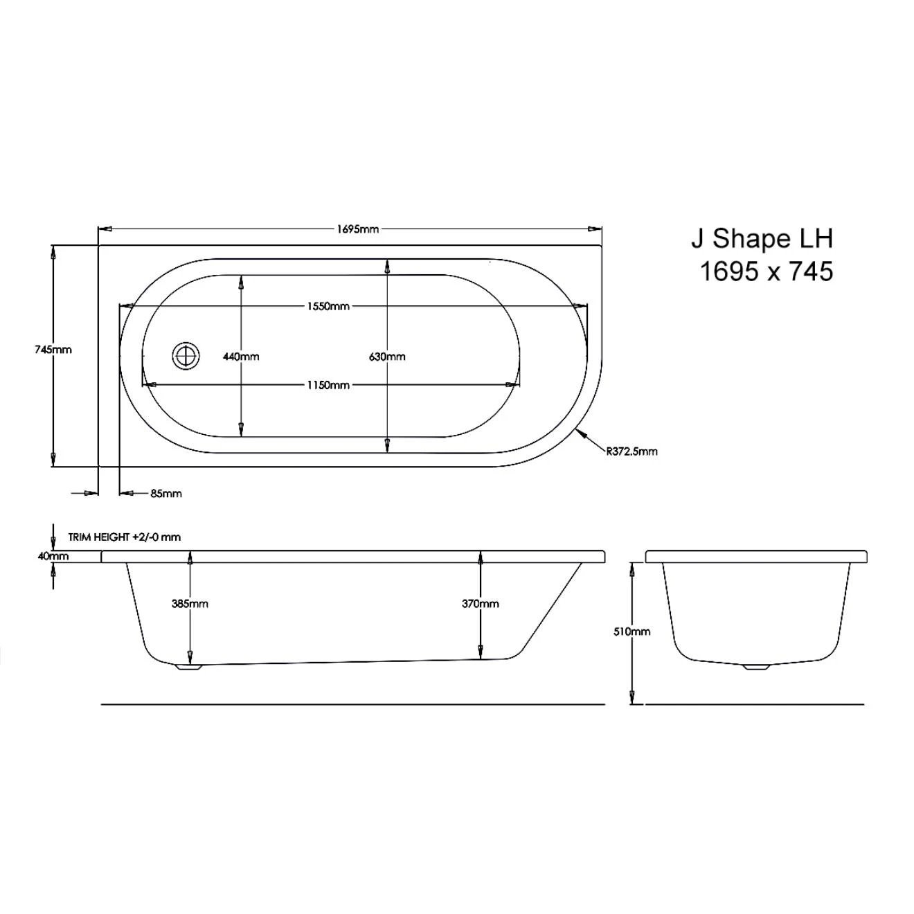 Trojan J Shaped Bath with 8 Jet Whirlpool System 1700x750mm Left Hand