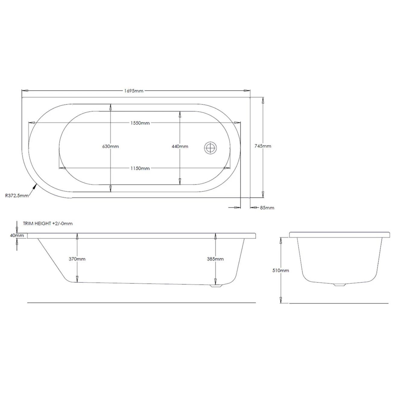 Trojan J Shaped Bath with 8 Jet Whirlpool System 1700x750mm Right Hand