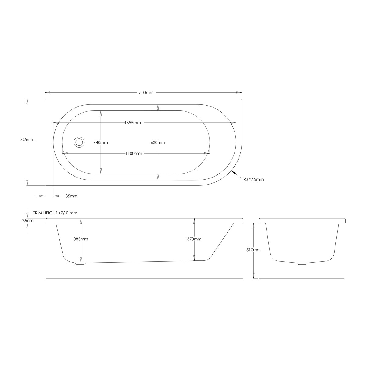 Trojancast J Shaped Bath & Panel 1500x750mm Left Hand