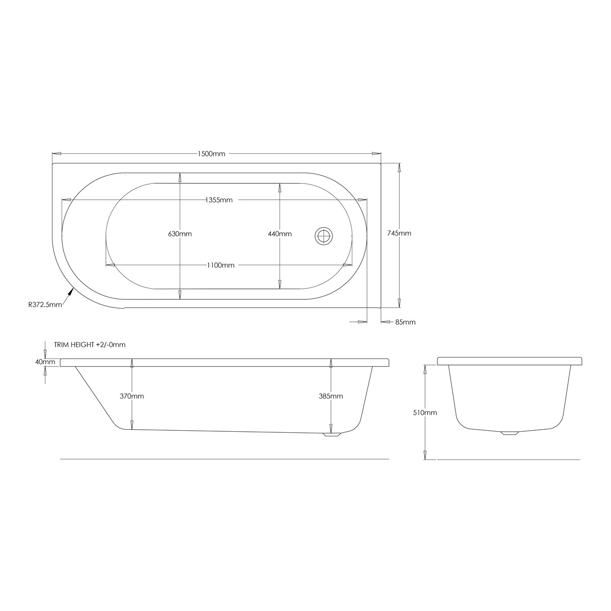 Trojan J Shaped Bath & Panel 1500x750mm Right Hand