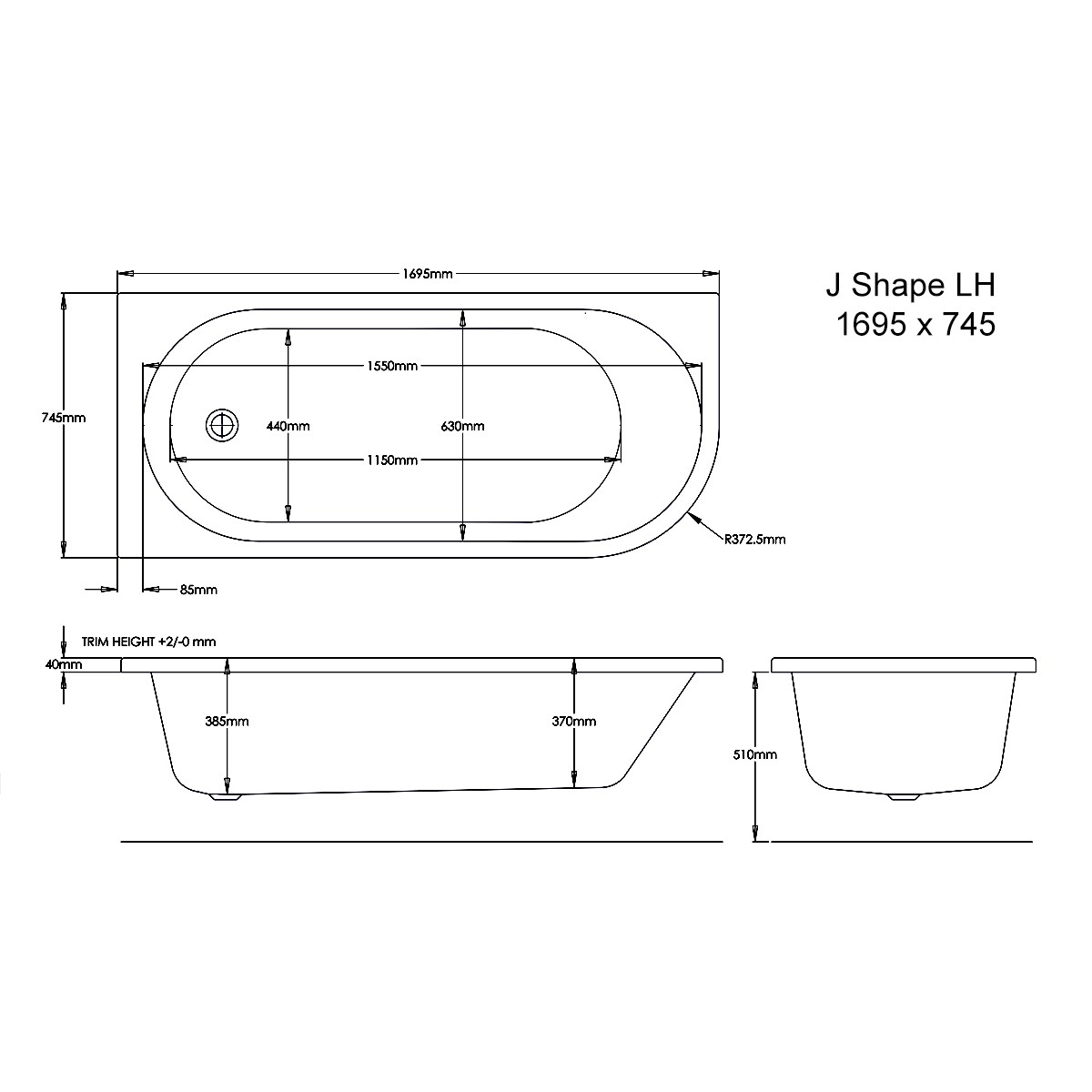 Trojancast J Shaped Bath & Panel 1700x750mm Left Hand
