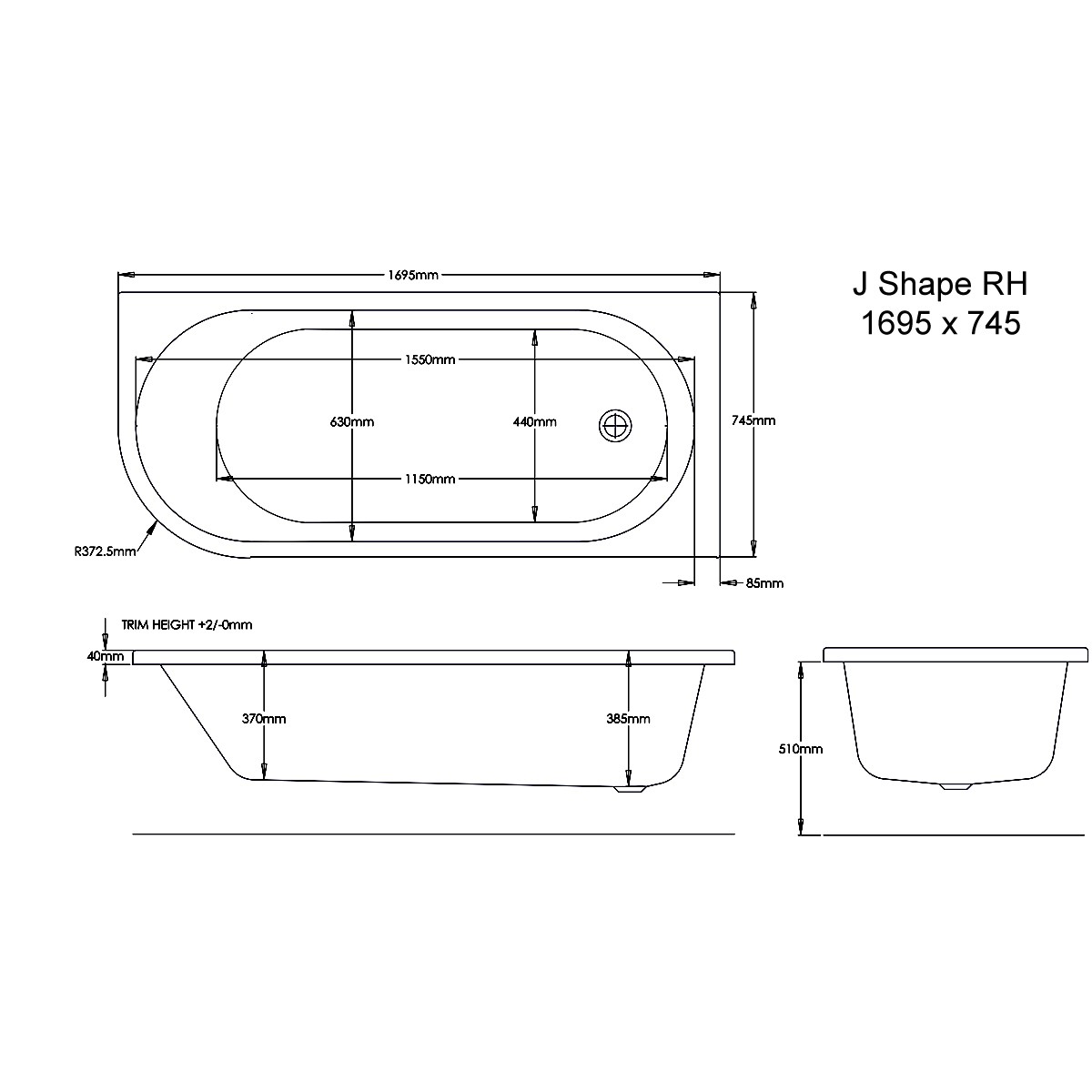 Trojan J Shaped Bath & Panel 1700x750mm Right Hand