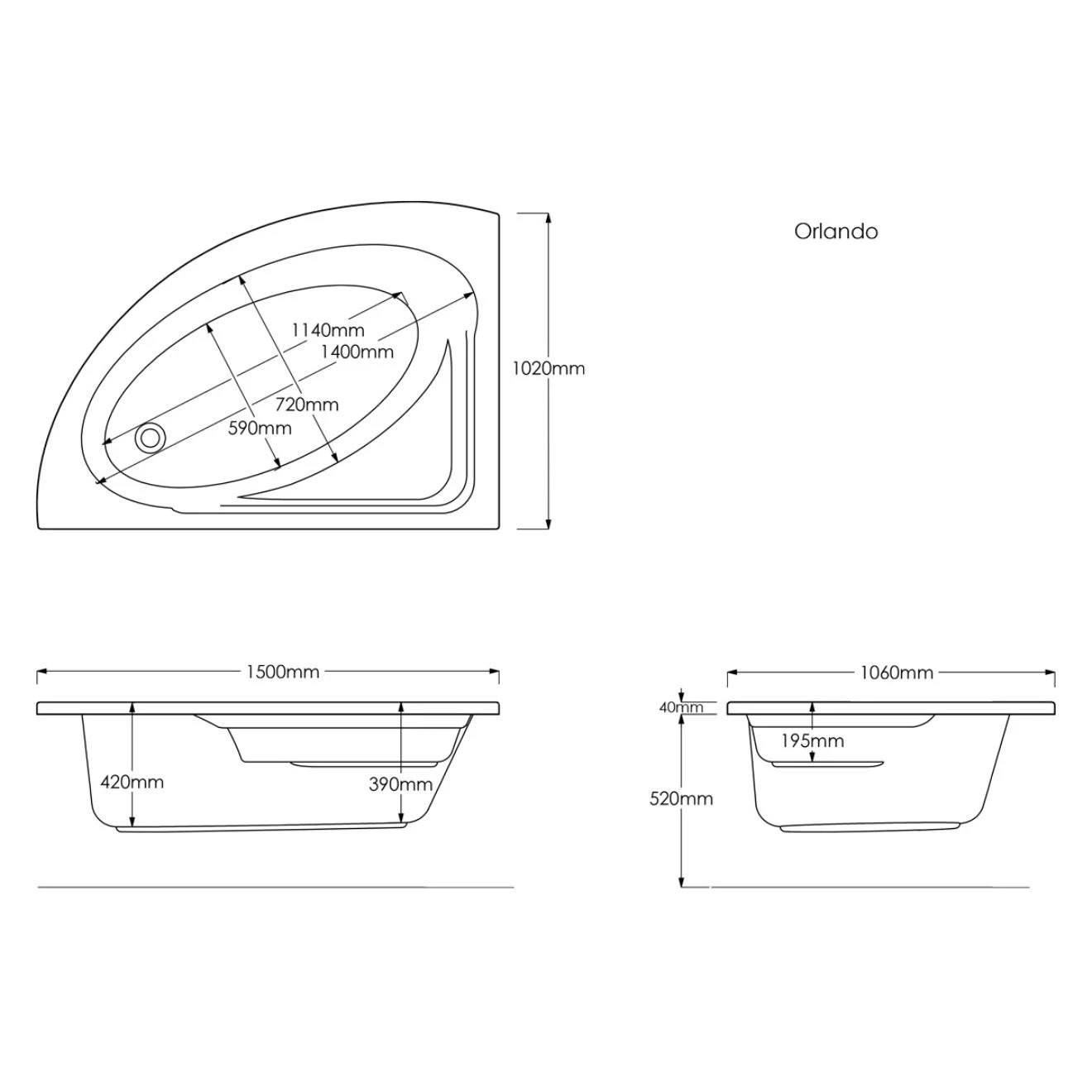 Trojancast Orlando Corner Bath with 14 Jet Whirlpool System & Light System 1500x1020mm Left Hand