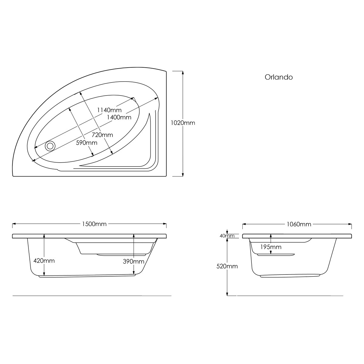 Trojan Orlando Corner Bath & Panel 1500x1020mm Left Hand