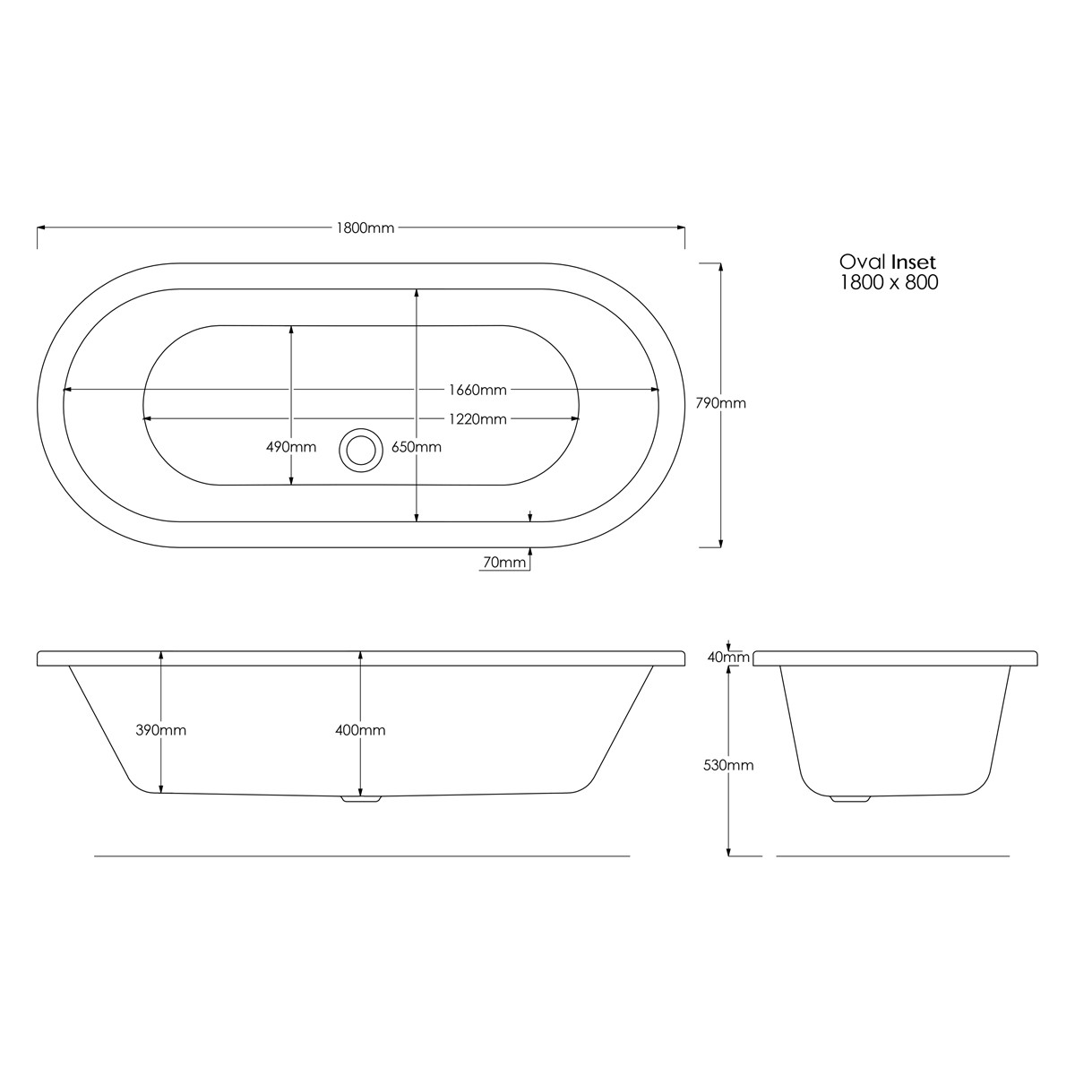 Trojancast Oval Inset Bath 1800x790mm