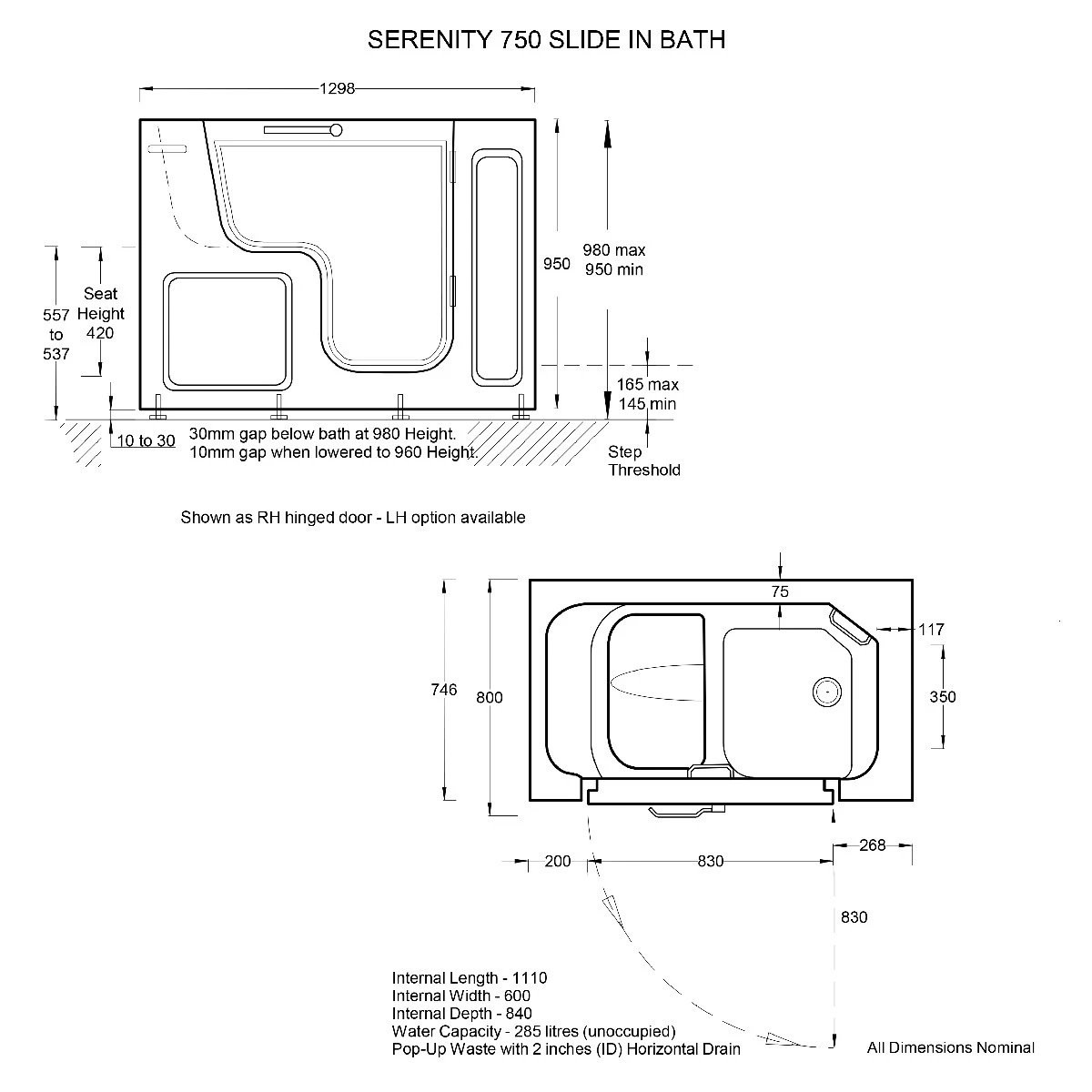 Trojan Bathe Easy Serenity Walk In Bath 1300x750mm Left Hand